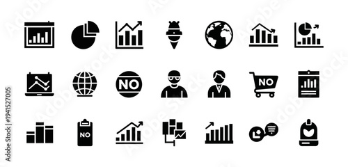 Black solid icons of business analytics global data and negative concept signs for presentation