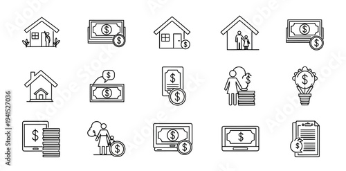 Real estate finance and family budget line icon set representing property investment and household cost