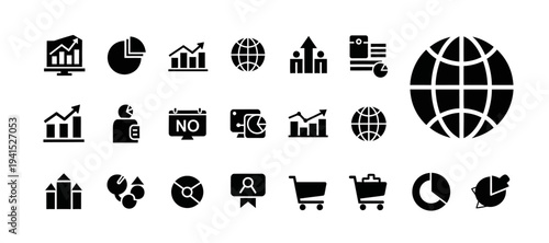 Global business analytics and financial market research solid glyph icon set for corporate presentations