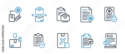 Secure global delivery and parcel tracking line icon set for shipping logistics and document verification