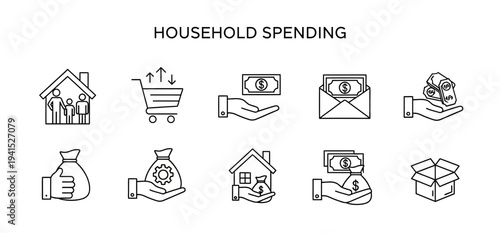 Household spending and family expense planning line icon set showing consumer budget management