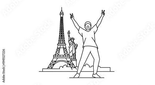Joyful Tourist Celebrating Iconic Landmarks: Eiffel Tower and Statue of Liberty