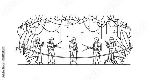 Jungle Expedition Team Crossing Rope Bridge with Gear, Military Style