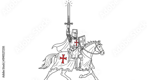 Knight Templar Horseback Warrior with Sword and Shield, Crusader Emblem