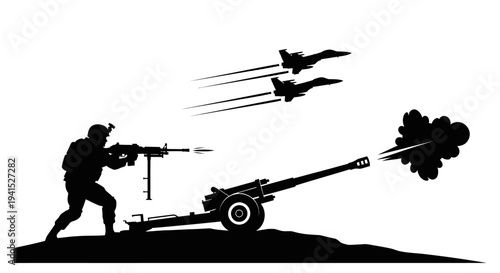 Military conflict: soldier firing machine gun, artillery firing, fighter jets flying