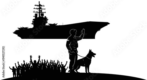 Military Dog Handler and K9 Wave Goodbye to Aircraft Carrier and Crowd