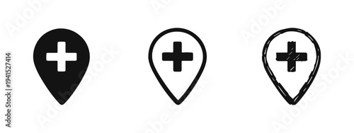 Medical location pin icon set, hospital, clinic, pharmacy, first aid, emergency services, health
