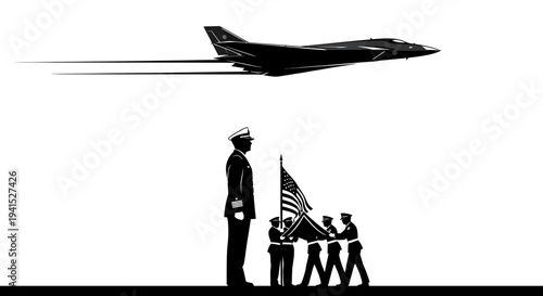 Military Honor Guard Folds Flag as Jet Flies Over