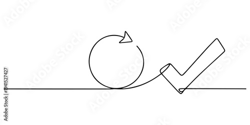 Continuous line art: circular arrow with check mark for success and approval. No editable stroke, Single continuous line check icon silhouette. Approved test correct right element concept design.