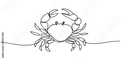 One line drawing of crab minimal sea animal illustration for marine art design, sea crab animal on the beach continuous one line drawing vector seafood illustration, Crab in continuous one line draw