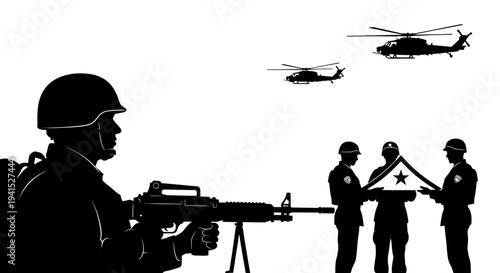 Military Honor Guard Folds Flag Near Soldier and Helicopters