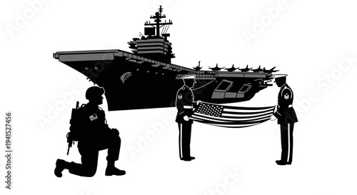 Military Honor Guard with US Flag and Aircraft Carrier