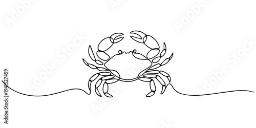 One line drawing of crab minimal sea animal illustration for marine art design, sea crab animal on the beach continuous one line drawing vector seafood illustration, Crab in continuous one line draw