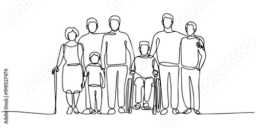 Business people group in continuous one line art drawing. Business job career vector illustration editable stroke, Continuous line drawing of diverse group of standing people. continuous line drawing 