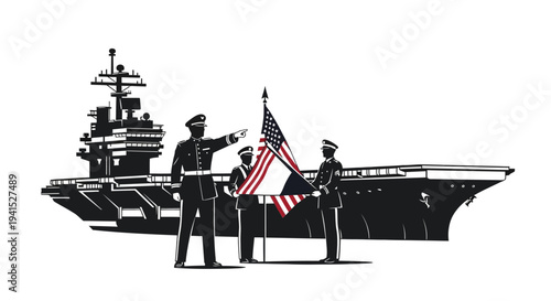 Military Honor Guard with US Flag and Aircraft Carrier