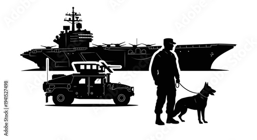 Military Humvee, Soldier with Dog, and Aircraft Carrier Silhouette - Security and Defense Concept