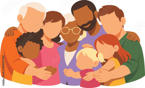 Diverse Family Hugging Together Love and Support Flat Illustration.