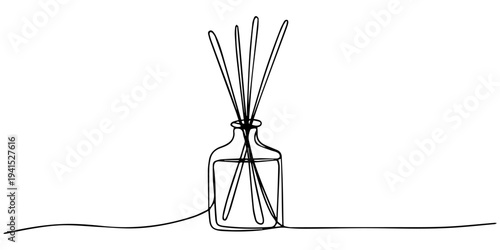 Minimalist line drawing of reed diffuser in glass bottle. Non editable stroke, Continuous one line drawing of Candle and Reed Diffuser Oil. Single line drawing illustration of Reed diffuser bottle.