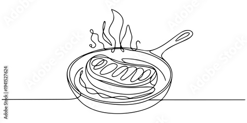 Continuous line drawing of sizzling steak cooking in a skillet. None editable stroke, sizzling cooking continuous one line drawing
