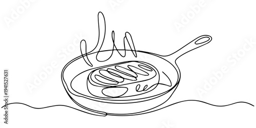 Continuous line drawing of sizzling steak cooking in a skillet. None editable stroke, sizzling cooking continuous one line drawing