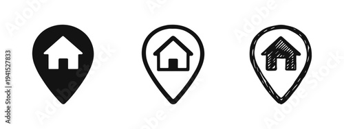 Home Location Pin Icons Set. Map marker with house symbol in solid, outline, and hand-drawn styles. Address and property concept.