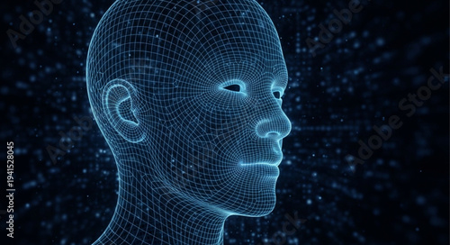 Digital Human Head Made of Blue Data Points.