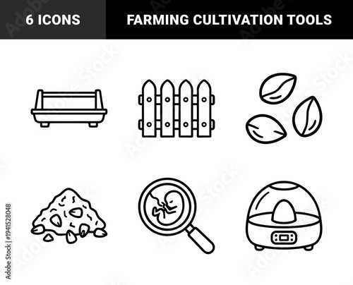 Agricultural cultivation and embryology monoline icons for gardening and biology. Technical line art featuring seeds, soil, fencing, pruning shears, and embryo development.