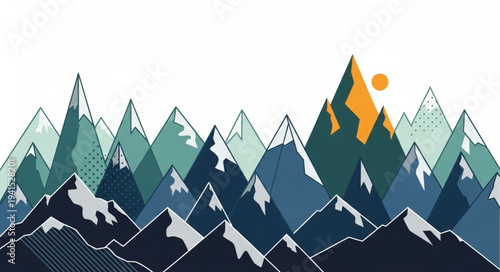 Stylized Mountain Range with Snow and Sun.