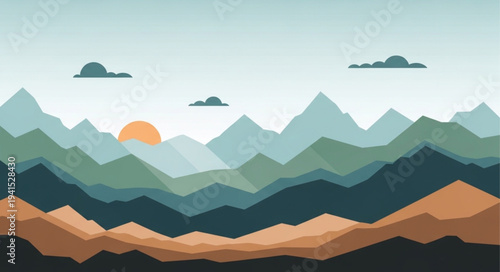 Stylized Mountain Landscape with Sun and Clouds.
