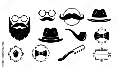 Vintage hipster gentleman accessory icons badge set vector illustration isolated on white background