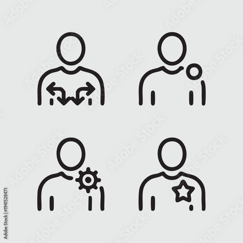 Four line icons depicting people with diverse attributes and symbols