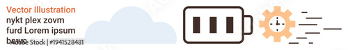 Cloud computing, energy efficiency, data processing, technology automation, power concepts, workflow systems. Cloud, battery and gear icons connected in a minimal design. Cloud computing and energy