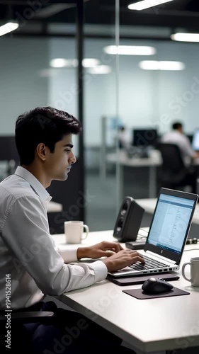 Indian young man working on a laptop in a modern office