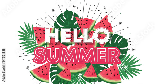 Hello Summer watermelon tropical leaf illustration