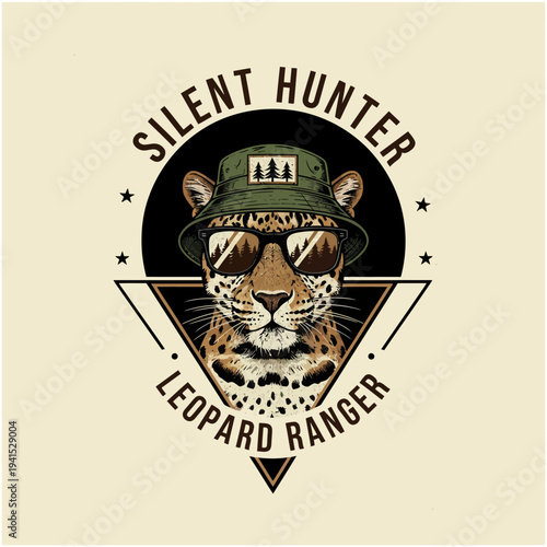 Leopard Wearing Sunglasses and Camouflage Hat.