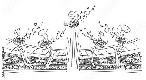 Marching band instruments perform in stadium, music notes flying out