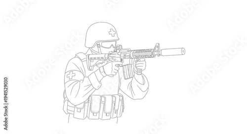 Medic soldier aiming rifle with suppressor, tactical gear, combat medic, military medical personnel