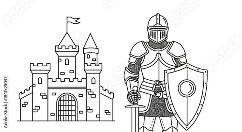 Medieval Knight in Armor with Sword and Shield Guarding a Castle
