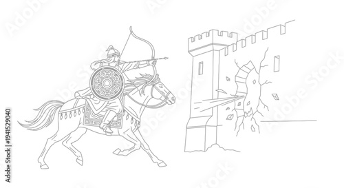 Medieval Archer on Horseback Attacking Castle Wall with Bow and Arrow