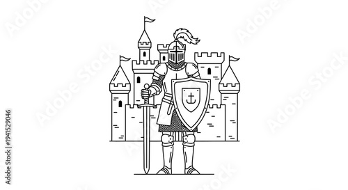 Medieval Knight in Armor with Sword and Shield in Front of Castle