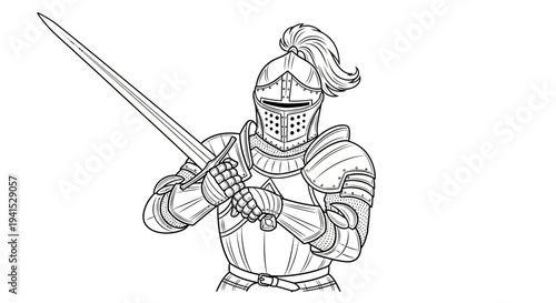 Medieval Knight in Full Armor Holding a Sword, Warrior Illustration
