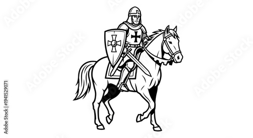 Medieval Knight on Horseback with Shield and Sword, Black and White Line Art