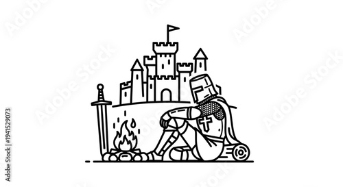 Medieval Knight Resting by Campfire with Castle Silhouette