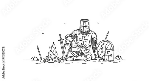Medieval Knight Resting by Campfire, Crusader Warrior with Sword and Shield