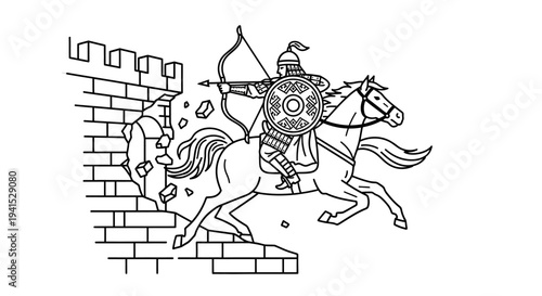 Medieval Warrior Archer on Horseback Attacks Castle Wall