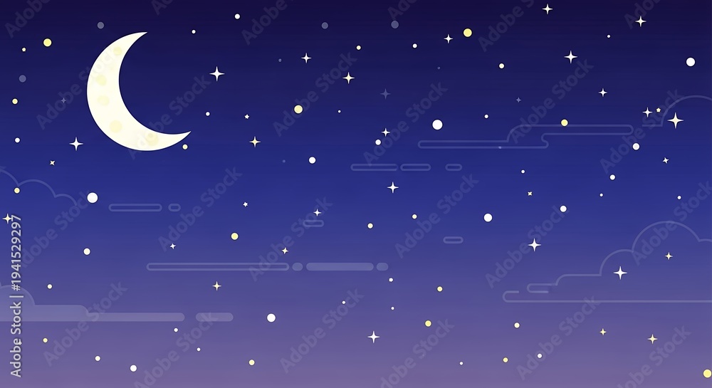 Naklejka premium Serene crescent moon illuminating a starry night sky with soft, stylized clouds, a whimsical celestial panorama