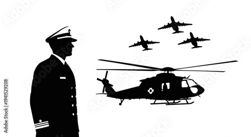 Military Officer Overseeing Air Force Fleet: Helicopter and Jets in Formation