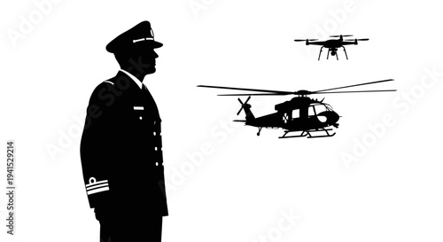 Military Officer Overseeing Drone and Helicopter Surveillance