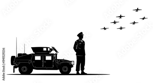 Military Officer Salutes as Fighter Jets Fly Over Humvee