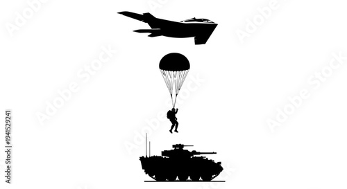 Military Parachutist Descends Towards Tank Silhouette with Jet Fighter Above